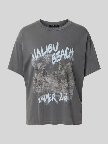 Produktfoto, Relaxed Fit T-Shirt aus reiner Baumwolle von Anine Bing in Dunkelgrau mit Statement-Print, Rundhalsausschnitt und Kurzarm.