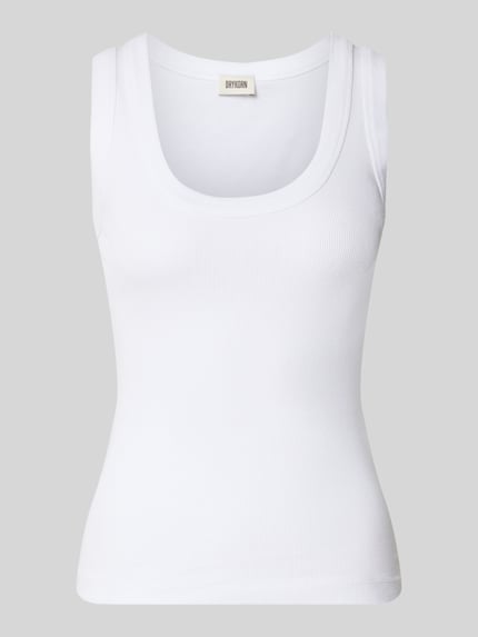 Produktfoto, wit tanktop met ronde hals, fijnribstructuur, nauwsluitend, puur katoen, model 'TAVIRA' van Drykorn, dames