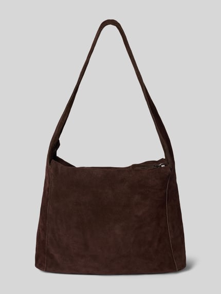 Produktfoto, Handtasche aus Rindsleder Modell 'PIRAMIDE' von Mango in Dunkelbraun mit Hauptfach, Reißverschluss, Schulterriemen, Breite 34 cm, Länge 39 cm, Tiefe 11 cm, Länge Schulterriemen 65 cm, samtig matte Textur