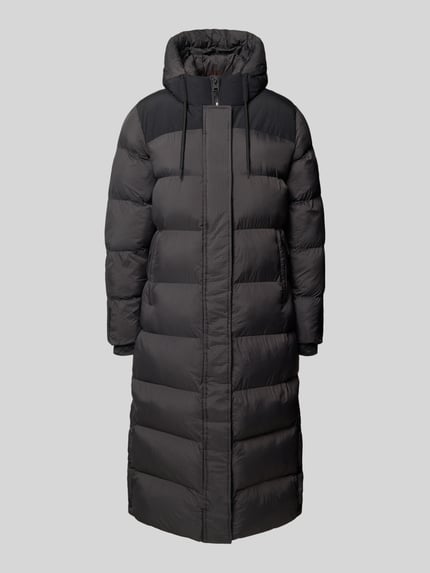 Produktfoto, Steppmantel mit Kapuze und verdecktem Reißverschluss von Superdry in Dunkelgrau, matte Textur, gesteppt, Regular Fit, sichtbare Taschen, Rückenlänge 108 cm, Schulterbreite 42 cm, Brustweite 53 cm, Ärmellänge 61 cm