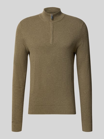 Produktfoto, Slim Fit Strickpullover aus Baumwoll-Mix mit Troyer-Kragen von Profuomo, elastische Abschlüsse, Beige, strukturierte Oberfläche