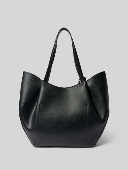 Produktfoto, Shopper mit herausnehmbarer Innentasche Modell 'AMORETTE 2 IN 1' von GUESS in Schwarz, glatte Textur, magnetisch verschließbar, Label-Detail, breite Form, langer Schulterriemen, Größe circa 43x38x9 cm, Innentasche mit Reißverschluss