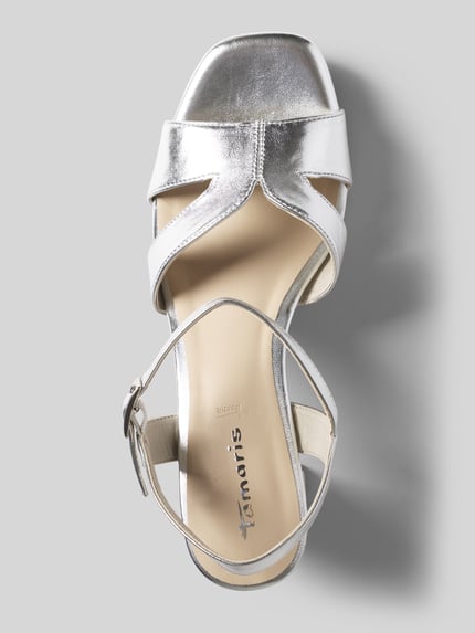 Produktfoto, Sandaletten mit Dornschließe von Tamaris in Optik: Unifarben, Schuhspitze: Peep Toe, Blockabsatz, Label-Schriftzug, strukturierte Sohle.