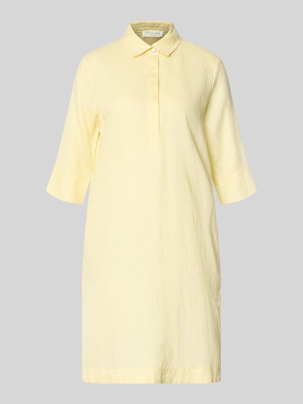 Produktfoto, Knielanges Hemdblusenkleid aus Leinen mit 3/4-Arm von Christian Berg Woman, len, linia a, długość do kolan, kołnierzyk koszulowy, ukryta listwa guzikowa, rękaw o dł. 3/4, długość tyłu w rozmiarze 36: 96 cm, szerokość w rozmiarze 36: 54 cm, długość rękawów w rozmiarze 36: 41 cm, delikatna żółta barwa, gładka faktura