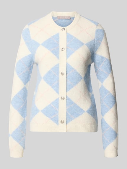 Produktfoto, Regular Fit Strickjacke mit Woll-Anteil von Christian Berg Woman Selection, blau-weiß kariertes Muster, durchgehende Knopfleiste, gerippte Abschlüsse, elastischer Material-Mix