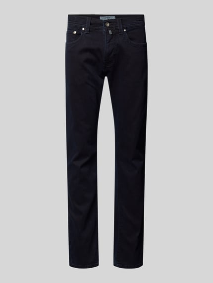 Produktfoto, Tapered Fit Jeans met labeldetail model 'Lyon' van Pierre Cardin, heren jeans van katoenmix met stretch, donkere kleur, bandwijdte 39 cm, binnenbeenlengte 79 cm.