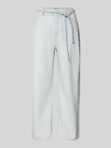 Produktfoto, Jeans mit Gürtel in Flecht-Optik von JAKE*S STUDIO WOMAN aus Lyocell-Mix mit Woll-Anteil, hellblaue Wide Leg, sichtbare Eingrifftaschen, strukturierte Textur