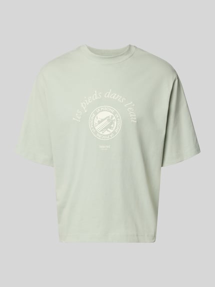 Produktfoto, Relaxed Fit T-Shirt aus reiner Baumwolle Modell 'BOXYNORMAN GRAPHIC' von SELECTED HOMME in Hellgrün mit Motiv-Print, kurzarm, Rundhals, glatte Jersey-Textur.