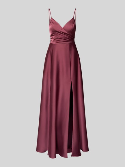 Productfoto, avondjurk met spaghettibandjes en V-hals van Laona, jurk van satijn, getailleerd, maxi-jurk, geplooide details, bordeaux, gladde textuur