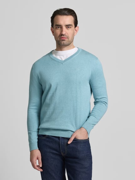 Männermodel trägt Regular Fit Pullover aus reiner Baumwolle von Tom Tailor, unifarben in Hellblau, Feinstrick, V-Ausschnitt, Ganzkörperansicht von vorne.
