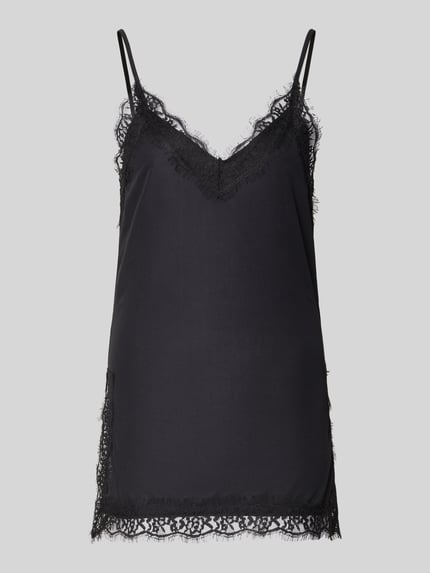 Productfoto, Blusentop mit Spitzebesatz und Spaghettiträgern van Gina Tricot in zwart met kant, regular fit, V-hals, ruglengte maat S 73 cm