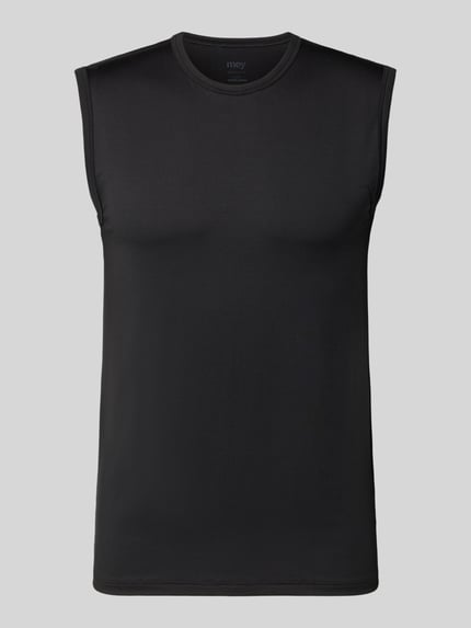 Produktfoto, schwarzes Muskelshirt aus Modal-Mix mit Rundhalsausschnitt von Mey, glatte feine Struktur, Slim Fit, Stretch-Anteil, frontal.