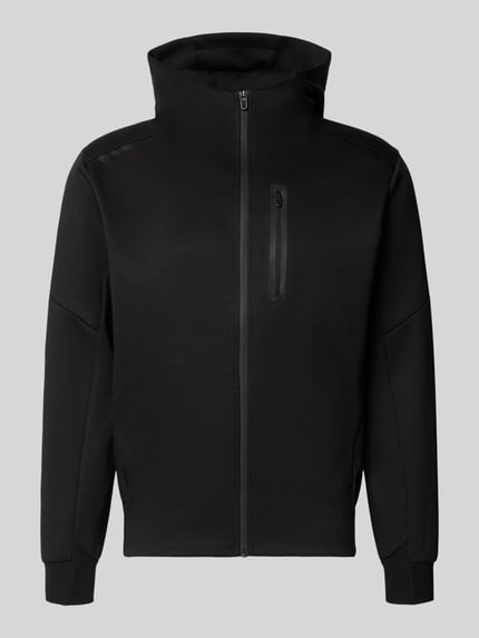 Produktfoto, Sweatjacke mit Reißverschluss Modell 'COFUSION' von JACK & JONES, schwarz, Baumwoll-Materialmix, lockere Passform, Kapuze, durchgehender Reißverschluss, Napoleontasche, elastische Abschlüsse und Eingrifftaschen, glatte Textur