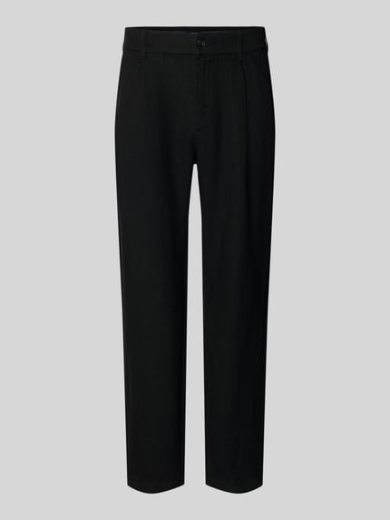 Produktfoto, schwarze Tapered Fit Leinenhose mit Eingrifftaschen von MCNEAL, reine Leinenstruktur, Paspeltaschen, neutrale Studioaufnahme