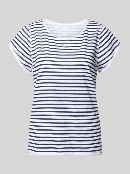 Produktfoto, T-Shirt mit Streifenmuster und Rundhalsausschnitt von Christian Berg Woman, biała bawełna organiczna, krój regular fit, paski