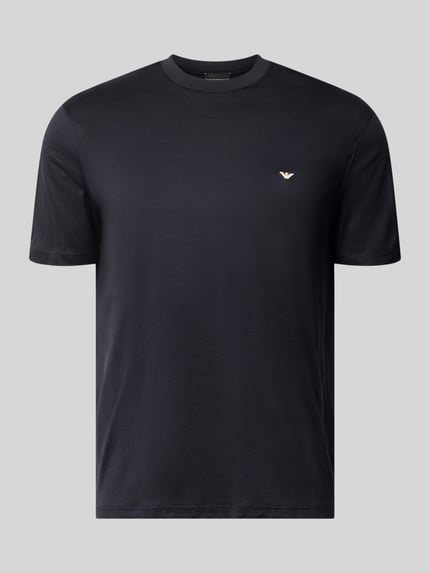 Produktfoto, T-Shirt aus Lyocell-Mix mit Label-Stitching von Emporio Armani in Dunkelblau, glatte Oberfläche, taillierte Passform, Rundhalsausschnitt