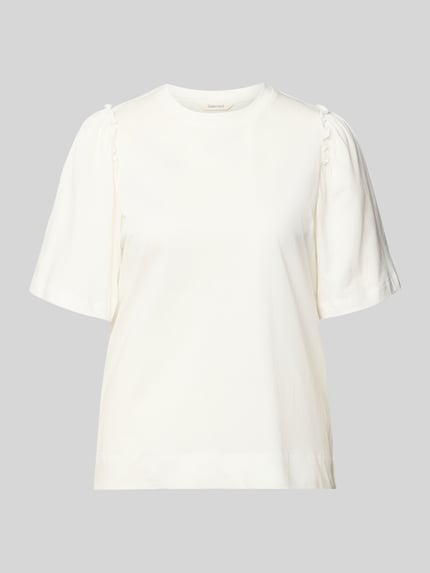 Produktfoto, Regular Fit T-Shirt aus reiner Baumwolle Modell 'PENELOPE' von Selected Femme in Unifarbe Weiß mit Rundhalsausschnitt und Rüschen-Details