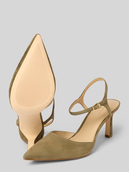 Produktfoto, Sandalette aus echtem Leder Modell 'AMARA' von MICHAEL Michael Kors in Oliv, spitz zulaufend, schmaler Riemen, Pfennigabsatz, glatte Sohle, Absatzhöhe 9 cm, feine Veloursleder-Struktur
