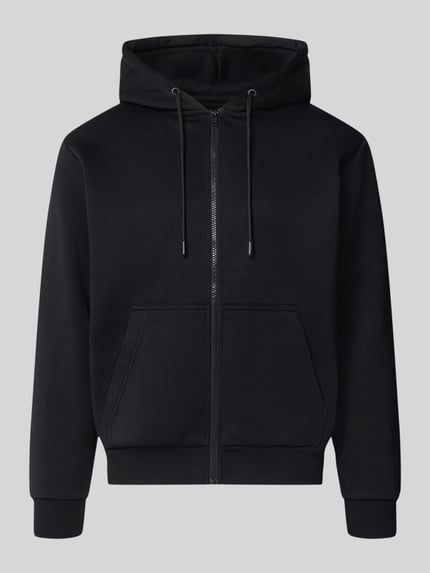 Produktfoto, czarna bluza rozpinana Regular Fit Sweatjacke aus Baumwoll-Mix Modell 'BRADLEY' von JACK & JONES, mieszanka bawełny, krój regular fit, kaptur z tunel, oddzielna kieszeń kangurka, elastyczne wykończenia, długość tyłu w rozmiarze M: 67 cm, długość rękawów w rozmiarze M: 68 cm