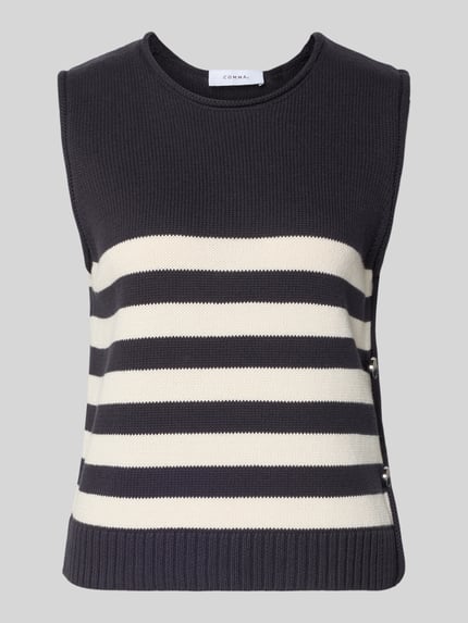 Produktfoto, Stricktop mit Rollsaum von Comma, dunkelblau-weiß gestreift, Reine Baumwolle, Regular-Fit, Rundhalsausschnitt, 51 cm Rückenlänge bei Größe 36