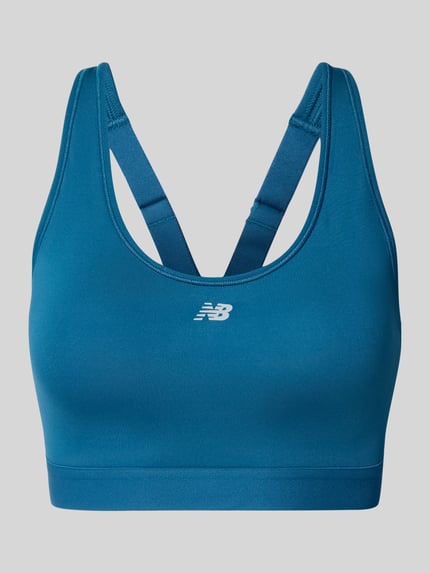 Produktfoto, Bustier mit Logo von New Balance in Blau, glattes Stretch-Material, körpernahe passform, Racerback, dames bustier.
