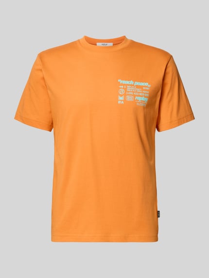 Productfoto, Regular Fit T-Shirt met Statement-Print van Replay van puur katoen, oranje met witte print, ronde hals, maat M ruglengte 62 cm.