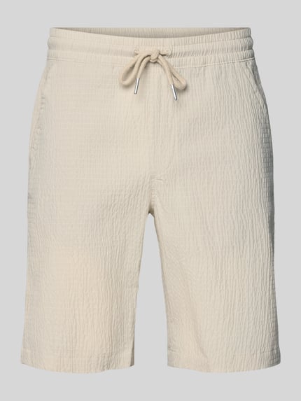 Produktfoto, Shorts mit elastischem Bund und Strukturmuster von Lindbergh in Beige aus Baumwoll-Mix mit Stretch-Anteil, Loose-Fit, Kordelzug, Seitliche Eingrifftaschen, Bundweite 42 cm, Innenbeinlänge 25 cm
