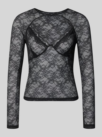 Produktfoto, Longsleeve mit Cut Out van Gina Tricot, zwart met kant, semi-transparant, materiaalmix met stretch, nauwsluitend, knoopsluiting