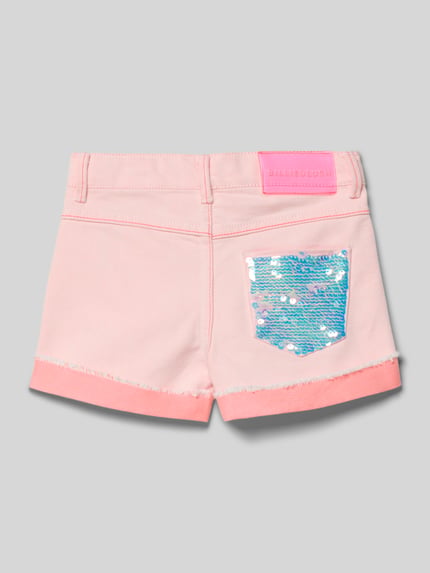 Productfoto, Jeansshorts met omslag en franjes van BILLIEBLUSH, katoenmix, regular fit, steekzakken, roze met glinsterend pailletten zakdetails