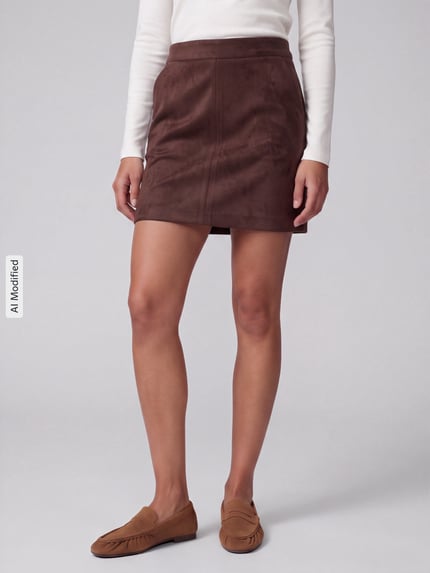 Frauenmodel trägt ausgestellten Mini-Rock aus reiner Baumwolle Modell 'DONNADINA' von VERO MODA, braun, glatte Struktur, Nahaufnahme Unterkörper, KI-modifiziertes Bild.
