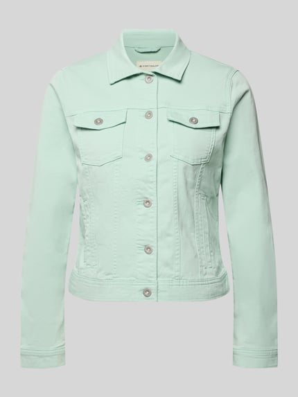 Produktfoto, Regular Fit Jeansjacke aus Baumwoll-Mix von Tom Tailor in zartem Mintgrün, Optik: Unifarben, Knopfleiste, Denim-Struktur.