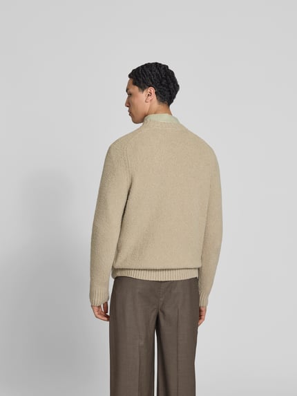 Mężczyzna nosi Relaxed Fit Pullover in Strick-Optik od Forét w kolorze beżowym, elastyczna mieszanka bawełny, bouclé, okrągły dekolt, długość tyłu w rozmiarze M: 66 cm, widok całej sylwetki z tyłu.