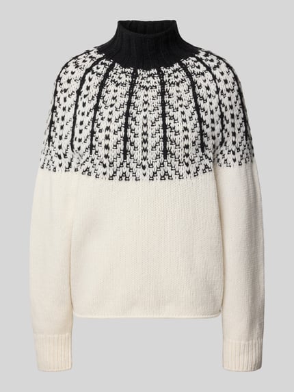 Produktfoto, Strickpullover aus Wolle mit Stehkragen von Closed, reiner Wollstoff, grob gestrickt, kontrast schwarz-weiß, prosta forma, zakończone ściągaczem rękawy, długość tyłu 56 cm w rozmiarze S, długość rękawa 67 cm w rozmiarze S