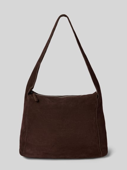 Produktfoto, Handtasche aus Rindsleder Modell 'PIRAMIDE' von Mango in Dunkelbraun, Hauptfach mit Reißverschluss, Schulterriemen, Maße Breite 34 cm, Länge 39 cm, Tiefe 11 cm, Länge Schulterriemen 65 cm