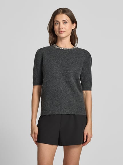 Jake*s Collection Pullover mit Strasskragen Modell 'K106-EmbNeckPull' Dunkelgrau Melange 4