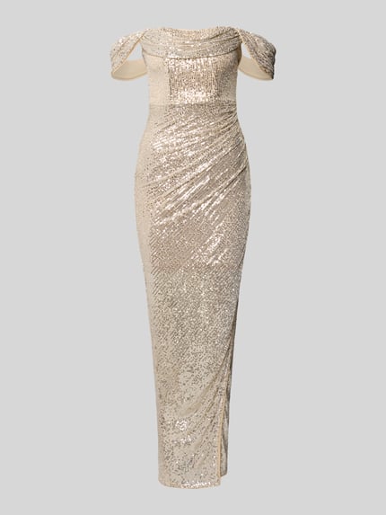 Produktfoto, Cocktailkleid mit Paillettenbesatz von Lipsy in Gold, taillierter Schnitt, Square-Neck, glänzende Textur, blickdichtes Unterkleid