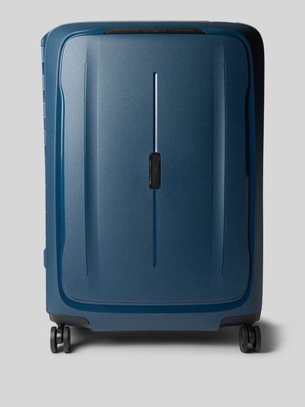 Produktfoto, Koffer mit Logo-Detail Modell 'Spinner' von Samsonite, blaue Hardshell-Oberfläche, strukturierte Textur, Hauptfach mit Reißverschluss, 71x48x30 cm
