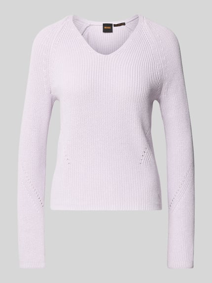 Produktfoto, Regular Fit Strickpullover aus reiner Baumwolle Modell 'C_FARDELLINA' von BOSS Orange in Unifarbe, grobe Stricktextur, V-Ausschnitt