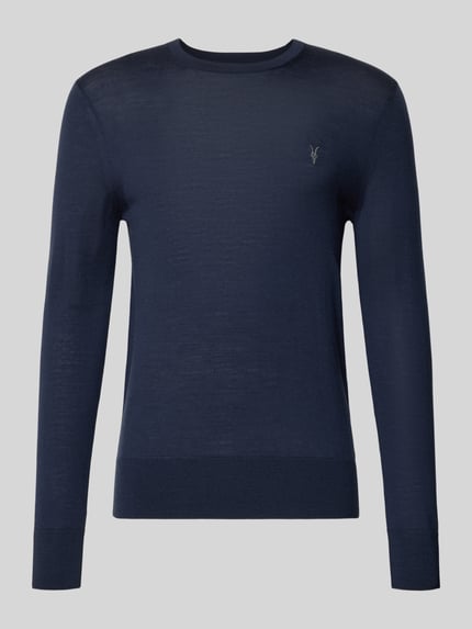 Produktfoto, Slim Fit gebreide pullover van zuiver wol met labelstitching van AllSaints, ribboorden, ruglengte maat M 68 cm, mouwlengte maat M 72 cm