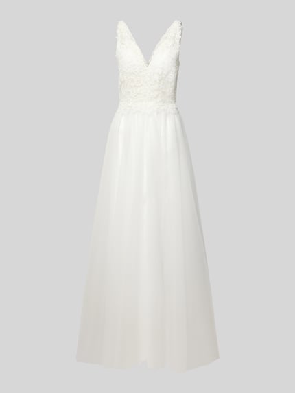 Produktfoto, Abendkleid mit Stitchings und tiefem V-Ausschnitt von Mascara, witte tule, A-lijn, maxi-jurk, Ruglengte maat 36: 155 cm, Borstwijdte maat 36: 39 cm
