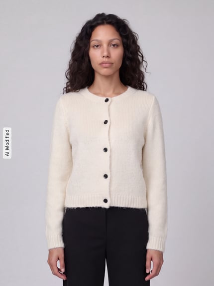 Modelka kobieca nosi kardigan rozpinany Regular Fit Strickjacke mit Woll-Anteil model 'NOVAH' od VERO MODA w kolorze kremowym z czarnymi guzikami, tekstura miękka, proste linie, proste rękawy, widok całej sylwetki z przodu, KI-modifiziertes Bild.