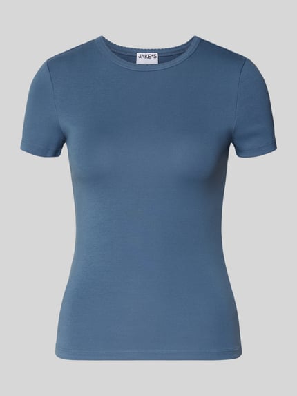Produktfoto, T-shirt met fijnrib en ronde hals van Jake*s Casual, katoenmix met stretch, slim fit, golvende zoom, ruglengte maat S 51 cm