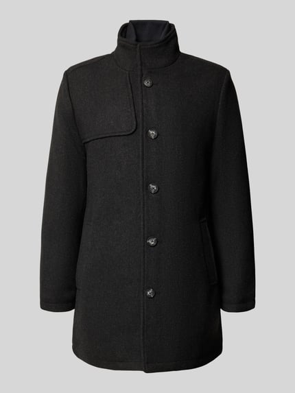 Produktfoto, czarny krótki płaszcz Kurzmantel mit Stehkragen und Eingrifftaschen von LERROS z mieszanka materiałów z dodatkiem wełny, krój regular fit, listwa guzikowa, wpuszczane kieszenie, długość tyłu w rozmiarze 50: 89 cm, szerokość ramion w rozmiarze 50: 46 cm, szerokość w rozmiarze 50: 56 cm, długość rękawów: 67 cm