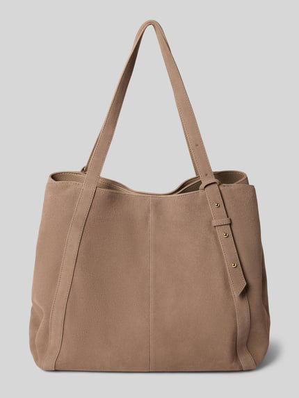 Produktfoto, Shopper aus Kalbsleder mit Label-Detail von Hey Marly in Beige, Tragehenkel, Hauptfach mit Magnetverschluss, Maße 40x31x21 cm, Länge Schulterriemen 58 cm. Damen Accessoire.