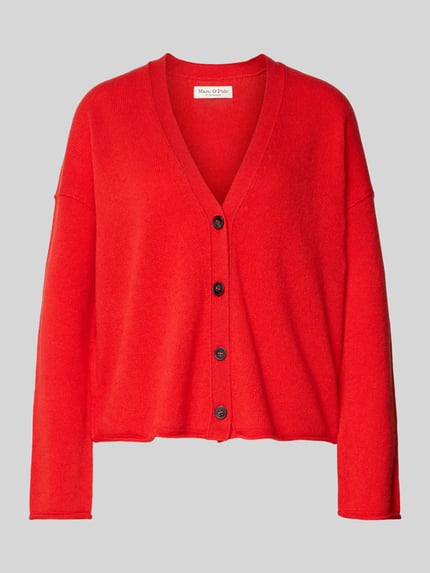 Produktfoto, Oversized Strickjacke aus reiner Schurwolle von Marc O'Polo in Unifarbe Rot, grobe Strickstruktur, einreihige Knopfleiste.