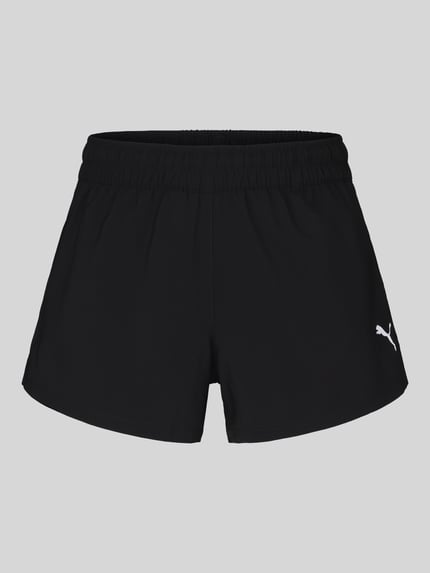 Produktfoto, schwarze Regular Fit Sportshorts mit Logo-Print von PUMA, glatte Textur, Damen Sportshorts von PUMA Performance