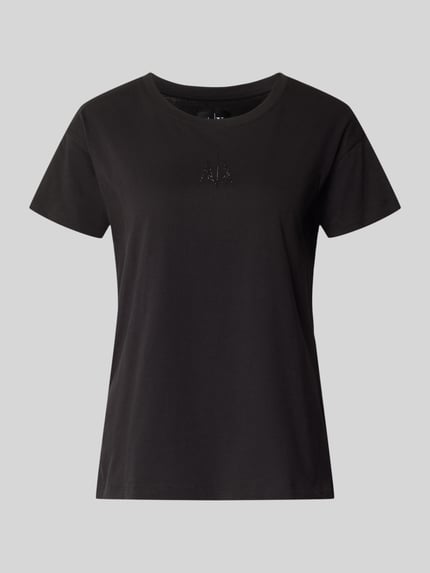 Productfoto, T-Shirt uit zuivere katoen van ARMANI EXCHANGE in zwart met rechte fit, ronde hals en strassteendetail, maat S ruglengte 59 cm