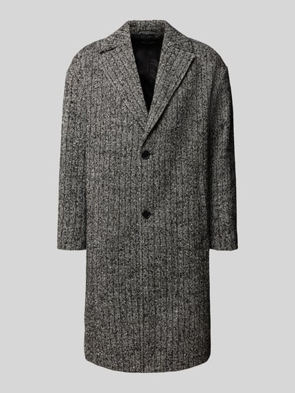 Productfoto, lange jas van Matinique Model 'Lancasters' in zwart-wit materiaalmix met wol, regular fit, reverskraag, knoopsluiting