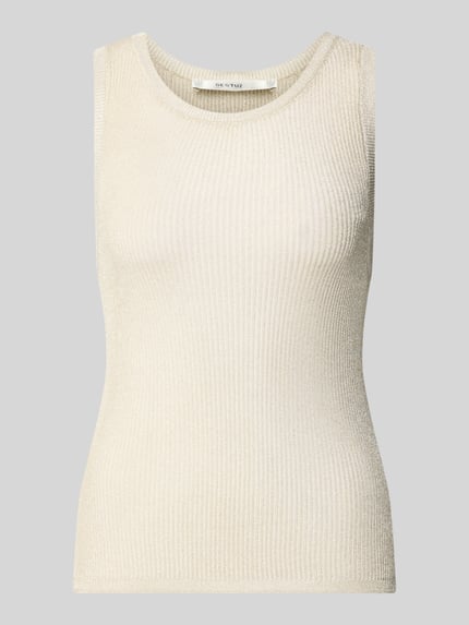 Produktfoto, Stricktop aus Viskose-Mix Modell 'Silvi' von Gestuz, Damen, Slim-Fit, Rundhalsausschnitt, cremefarben, feine Rippenstruktur.