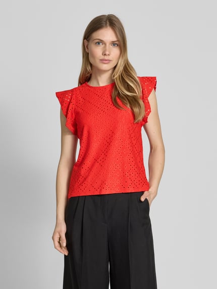 VERO MODA Regular Fit T-Shirt mit Lochstickmuster Muster 'TASSA' Rot 4